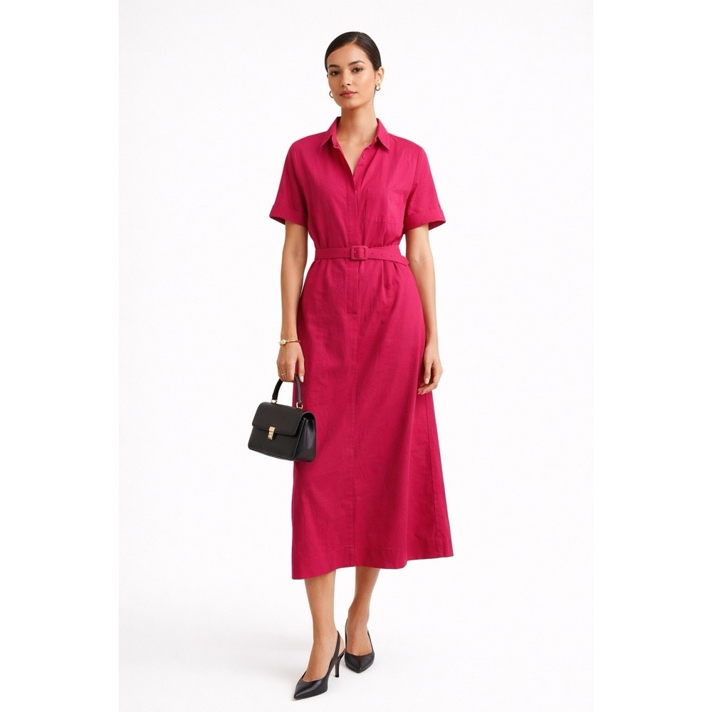 VTG STUART ALAN WOMEN 14 PINK SHORT SLEEVE BUTTON-UP BELTED MIDI LINEN DRESS 80s
